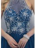Navy Blue Tulle Beaded Halter Knee Length Prom Dress